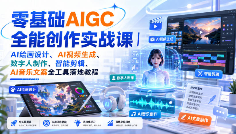 零基础AIGC全能创作实战课｜AI绘画设计、AI视频生成、数字人制作、智能剪辑、AI音乐文案全工具落地教程-轻创星球网