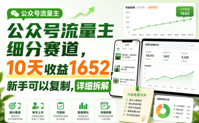 公众号流量主细分赛道，10天收益1652，新手可以复制，详细拆解-轻创星球网