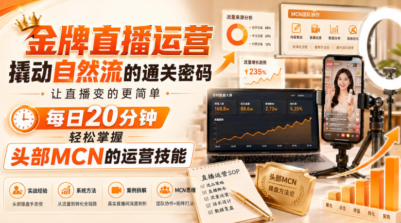金牌直播运营撬动自然流的通关密码，让直播变的更简单，每日20分钟，轻松掌握头部MCN的运营技能-轻创星球网