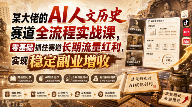 某大佬的AI人文历史赛道全流程实战课，零基础抓住赛道长期流量红利，实现稳定副业增收-轻创星球网