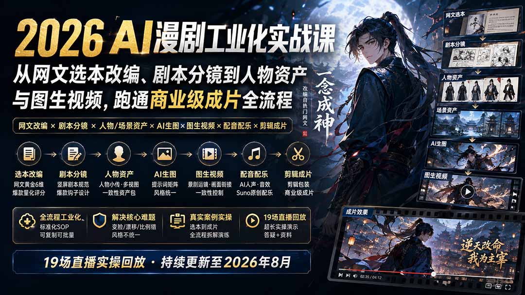 2026 AI漫剧工业化实战课-更新：从网文选本改编、剧本分镜到人物资产与图生视频，跑通商业级成片全流程-轻创星球网