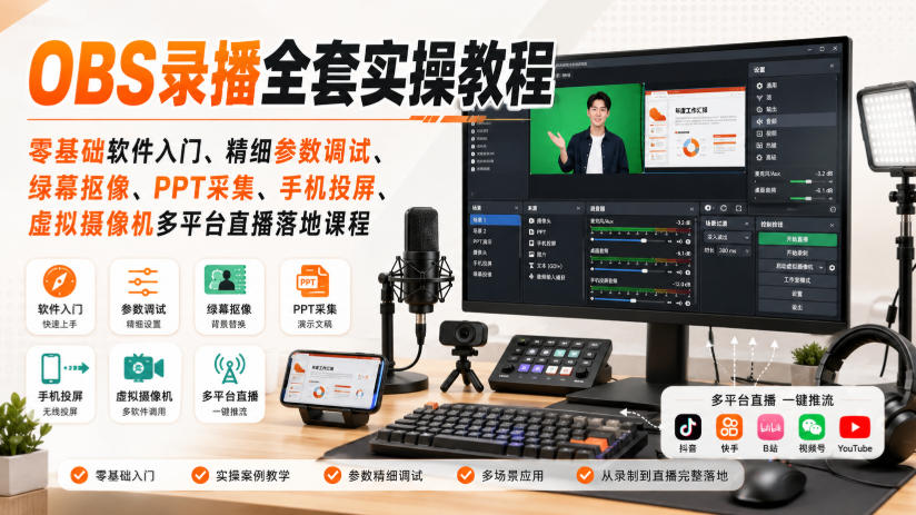 OBS录播全套实操教程｜零基础软件入门、精细参数调试、绿幕抠像、手机投屏、虚拟摄像机多平台直播落地课程-轻创星球网