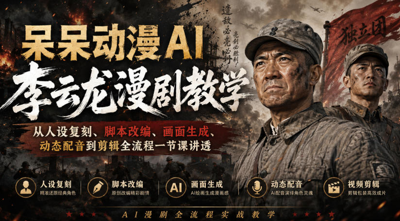 呆呆动漫AI李云龙漫剧教学，从人设复刻、脚本改编、画面生成、动态配音到剪辑全流程一节课讲透-轻创星球网