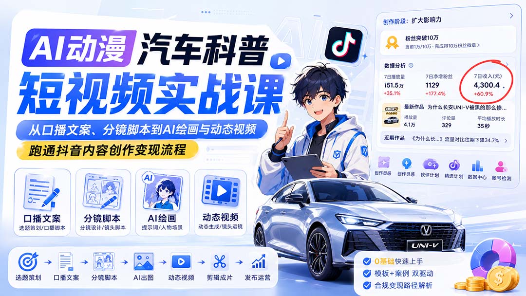 AI动漫汽车科普短视频实战课：从口播文案、分镜脚本到AI绘画与动态视频，跑通抖音内容创作变现流程-轻创星球网