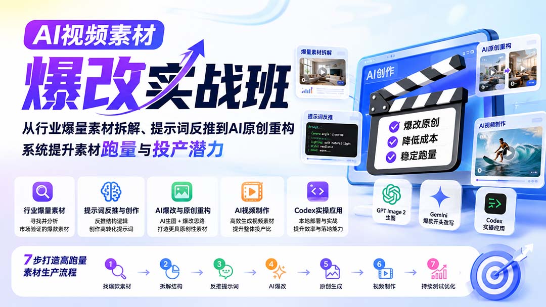 AI视频素材爆改实战班-更新8月：从行业爆量素材拆解、提示词反推到AI原创重构，系统提升素材跑量与投产潜力-轻创星球网