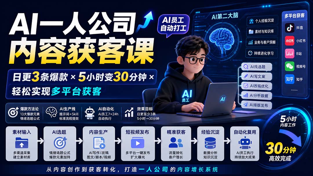 AI一人公司内容获客课-更新8月：日更3条爆款×5小时变30分钟×AI员工自动打工，轻松实现多平台获客-轻创星球网