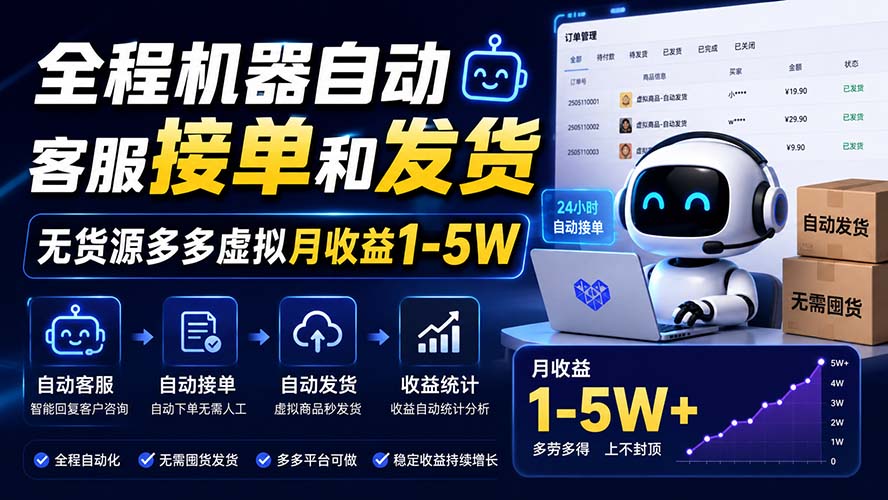 全程机器自动客服接单和发货，无货源多多虚拟月收益1-5W-轻创星球网