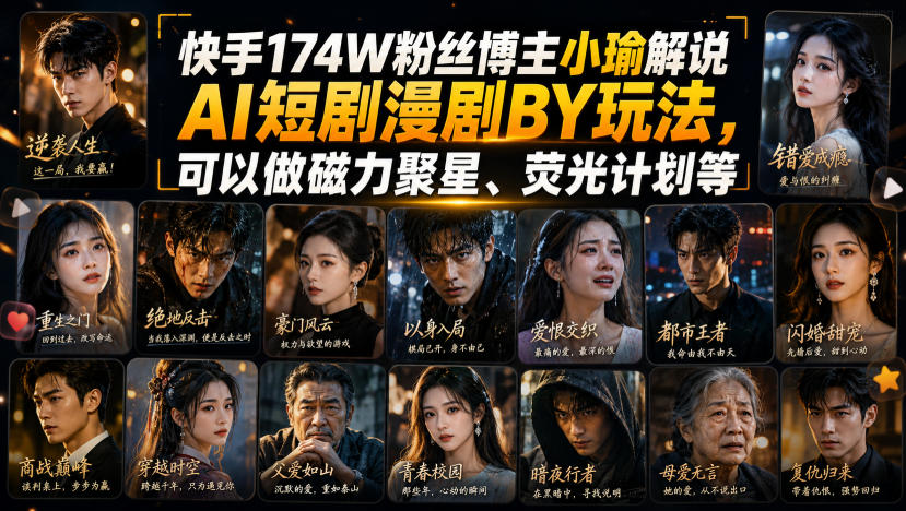 快手174W粉丝博主小瑜解说AI短剧漫剧搬运玩法，可以做磁力聚星、荧光计划等-轻创星球网