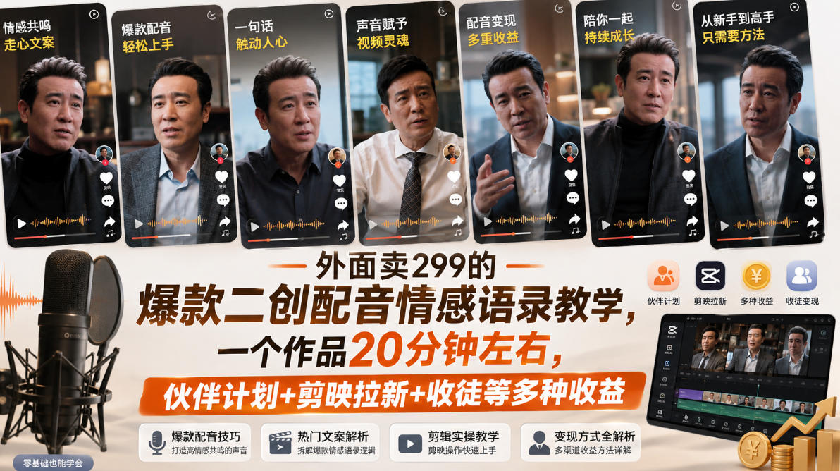 外面卖299的爆款二创配音情感语录教学，一个作品20分钟左右，伙伴计划+剪映拉新+收徒等多种收益-轻创星球网