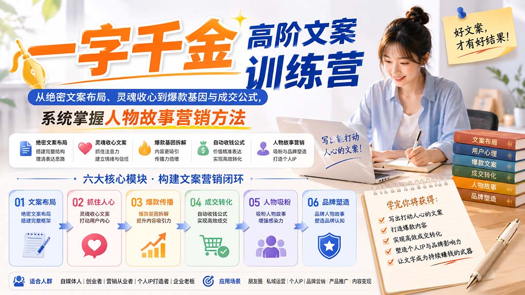 一字千金高阶文案训练营：从绝密文案布局、灵魂收心到爆款基因与成交公式，系统掌握人物故事营销方法-轻创星球网