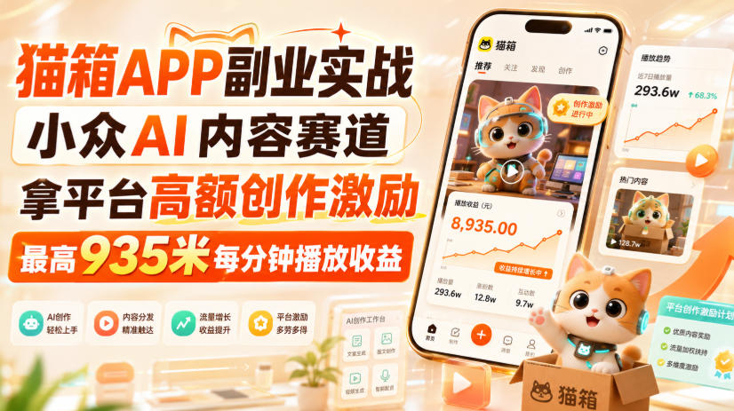 猫箱APP副业实战，小众AI内容赛道，拿平台高额创作激励，最高935米每分钟播放收益-轻创星球网