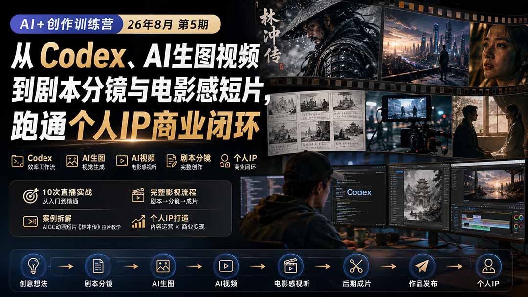 AI+创作训练营26年8月第5期：从Codex、AI生图视频到剧本分镜与电影感短片，跑通个人IP商业闭环-轻创星球网