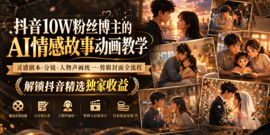 抖音10W粉丝博主的AI情感故事动画教学，灵感剧本‑分镜‑人物声画统一‑剪辑封面全流程，解锁抖音精选独家收益-轻创星球网