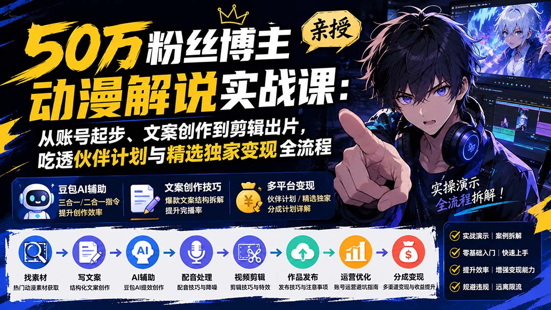 50万粉丝博主亲授动漫解说实战课：从账号起步、文案创作到剪辑出片，吃透伙伴计划与精选独家变现全流程-轻创星球网