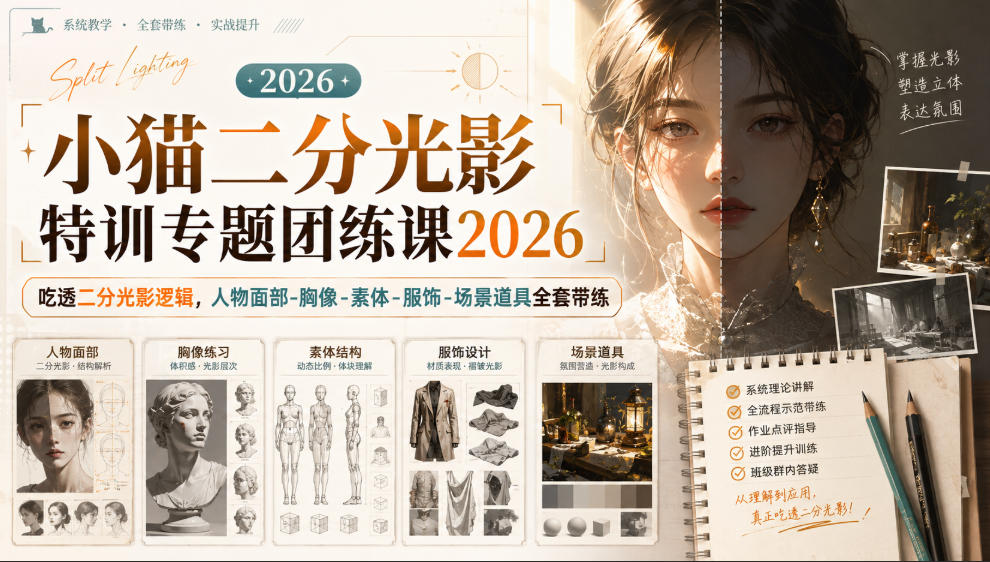 小猫二分光影特训专题团练课2026｜吃透二分光影逻辑，人物面部‑胸像‑素体‑服饰‑场景道具全套带练，高清画质附赠课件与笔刷-轻创星球网