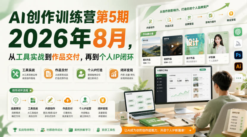 AI创作训练营第5期2026年8月，从工具实战到作品交付，再到个人IP闭环-轻创星球网
