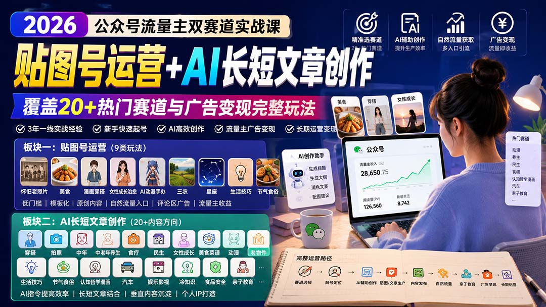 公众号流量主双赛道实战课：贴图号运营+AI长短文章创作，覆盖20+热门赛道与广告变现完整玩法-轻创星球网