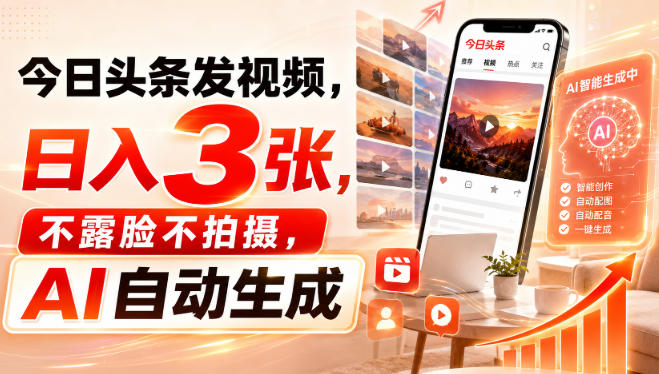 今日头条发视频，日入3张，不露脸不拍摄，AI自动生成-轻创星球网