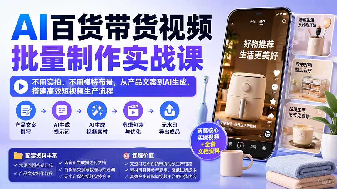 AI百货带货视频批量制作实战课：不用实拍、不用模特布景，从产品文案到AI生成，搭建高效短视频生产流程-轻创星球网