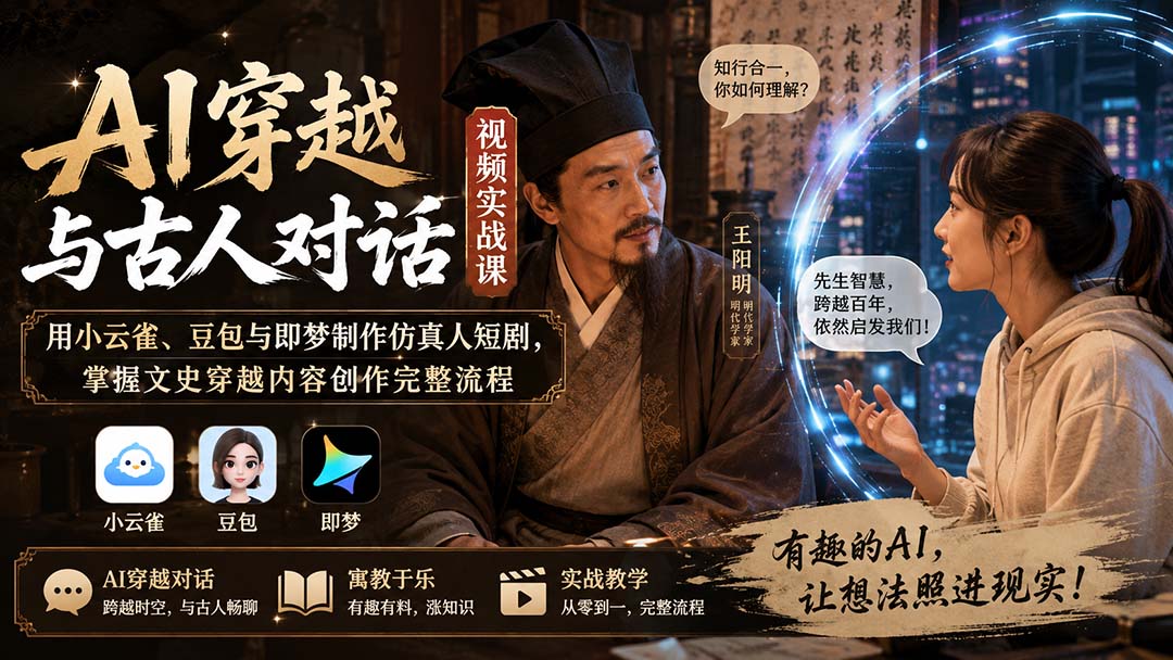 AI穿越与古人对话视频实战课：用小云雀、豆包与即梦制作仿真人短剧，掌握文史穿越内容创作完整流程-轻创星球网