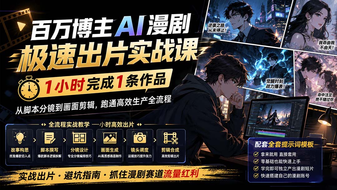 百万博主AI漫剧极速出片实战课：1小时产出条作品，从脚本分镜到画面剪辑，跑通高效生产全流程-轻创星球网