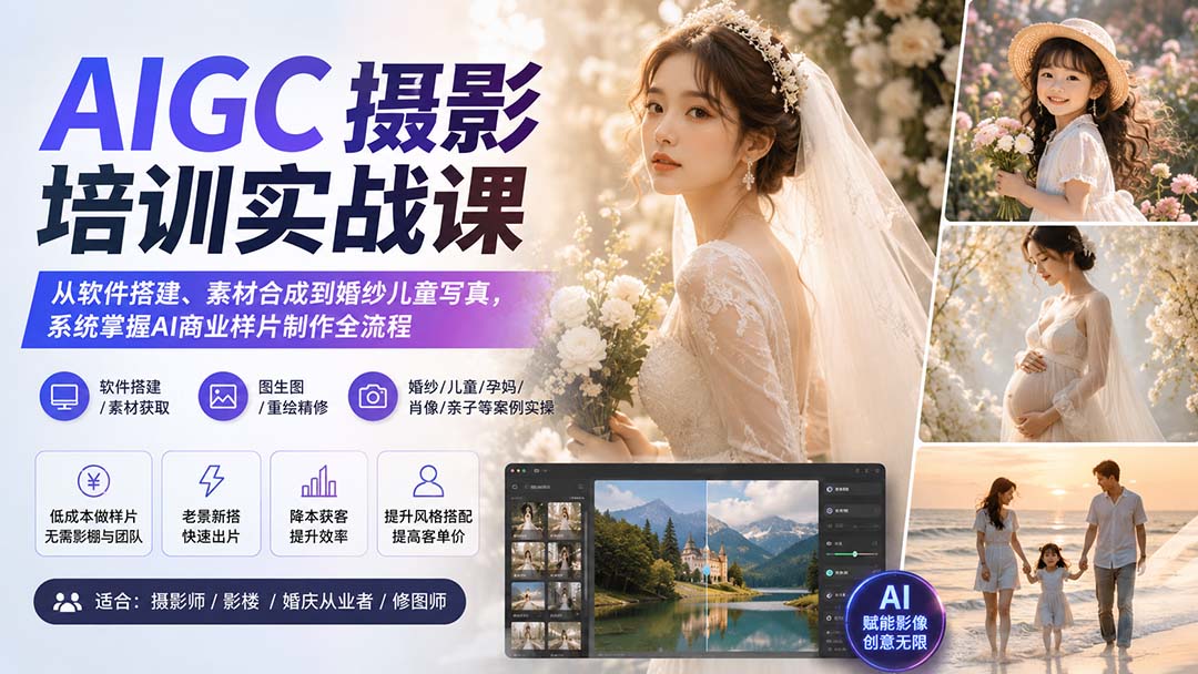 AIGC摄影培训实战课：从软件搭建、素材合成到婚纱儿童写真，系统掌握AI商业样片制作全流程-轻创星球网