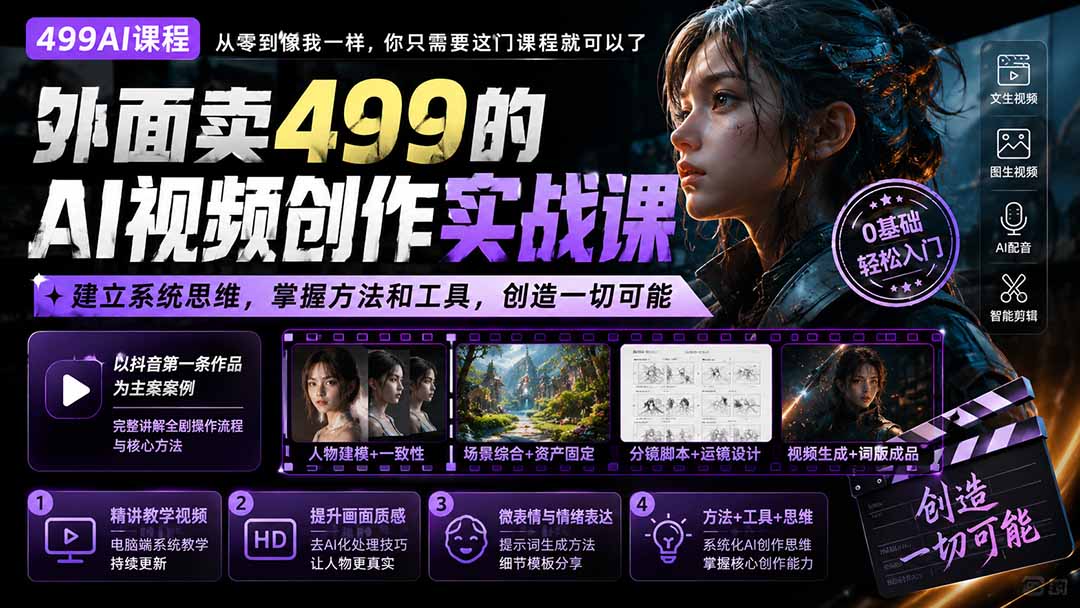 外面卖499的AI视频创作实战课：建立系统思维，掌握方法和工具，创造一切可能。-轻创星球网