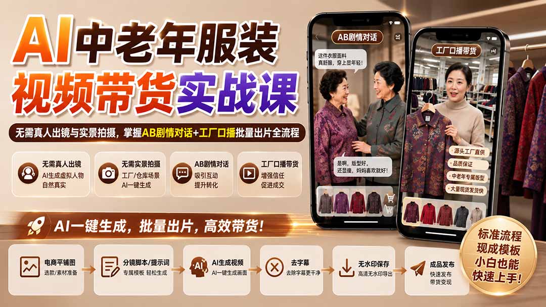 AI中老年服装视频带货实战课：无需真人出镜与实景拍摄，掌握AB剧情对话+工厂口播批量出片全流程-轻创星球网