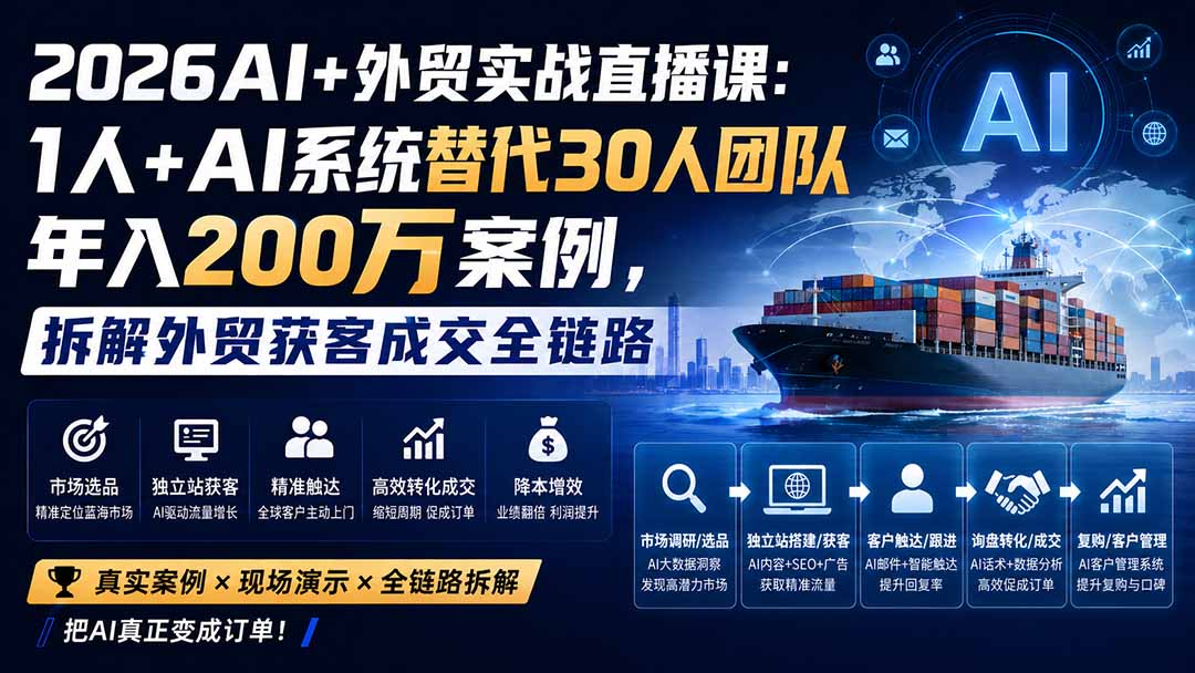 2026AI+外贸实战直播课：1人+AI系统替代30人团队年入200万案例，拆解外贸获客成交全链路-轻创星球网