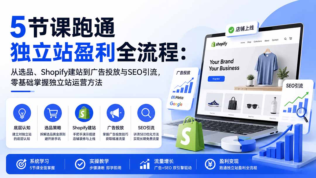 图片[1]-5节课跑通独立站盈利全流程：从选品、Shopify建站到广告投放与SEO引流，零基础掌握独立站运营方法-轻创星球网