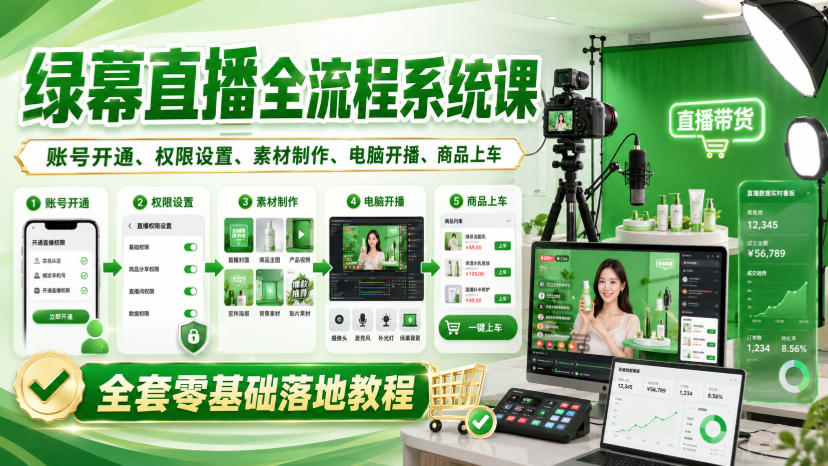 绿幕直播全流程系统课，账号开通、权限设置、素材制作、电脑开播、商品上车全套零基础落地教程-轻创星球网