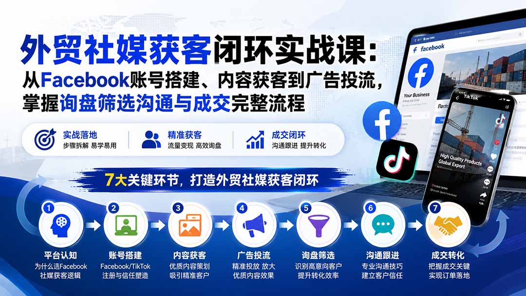 外贸社媒获客闭环实战课：从Facebook账号搭建、内容获客到广告投流，掌握询盘筛选沟通与成交完整流程-轻创星球网
