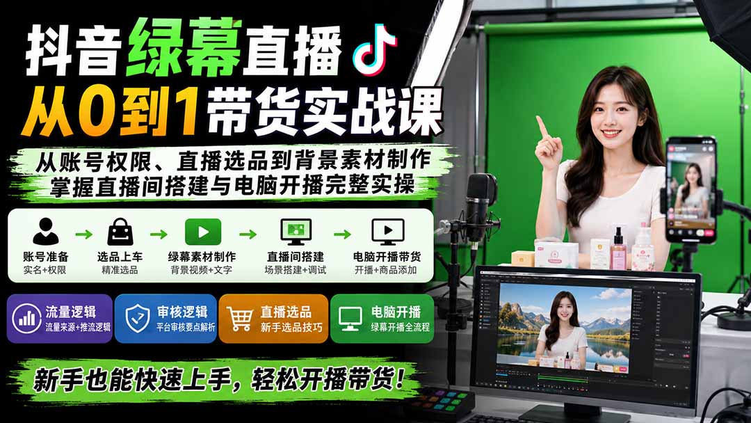 抖音绿幕直播从0到1带货实战课：从账号权限、直播选品到背景素材制作，掌握直播间搭建与电脑开播完整实操-轻创星球网