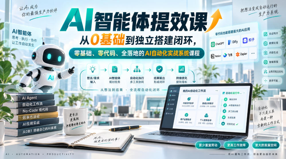 AI智能体提效课，从0基础到独立搭建闭环，零基础、零代码、全落地的AI自动化实战系统课程-轻创星球网