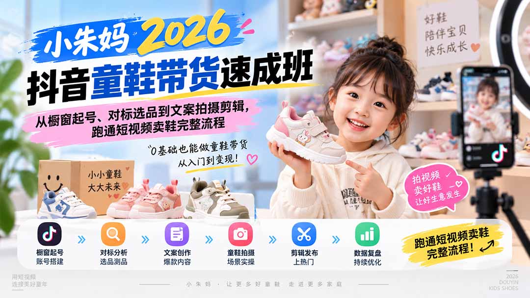 小朱妈2026抖音童鞋带货速成班：从橱窗起号、对标选品到文案拍摄剪辑，跑通短视频卖鞋完整流程-轻创星球网