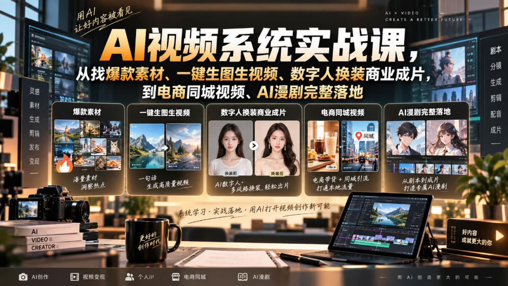AI视频系统实战课，从找爆款素材、一键生图生视频、数字人换装商业成片，到电商同城视频、AI漫剧完整落地-轻创星球网