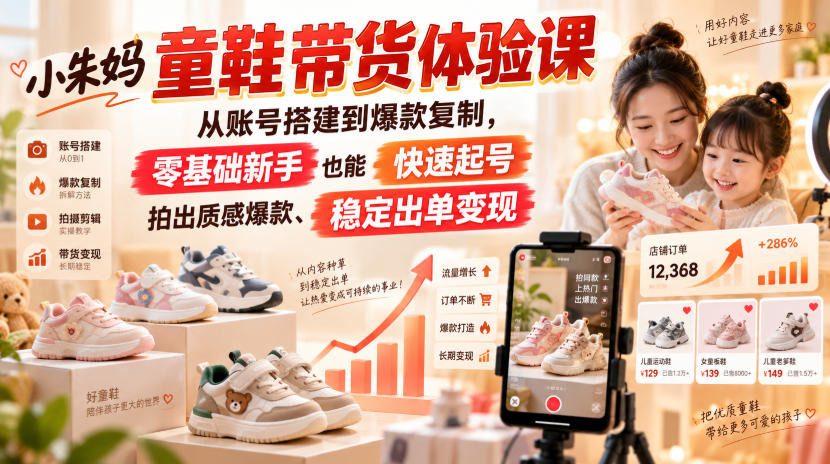 小朱妈童鞋带货体验课，从账号搭建到爆款复制，零基础新手也能快速起号、拍出质感爆款、稳定出单变现-轻创星球网