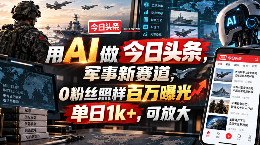 用AI做今日头条，军事新赛道，0粉丝照样百万曝光，单日1k+，可放大-轻创星球网