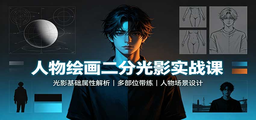 人物绘画二分光影实战课：光影基础属性解析，多部位带练，人物场景设计-轻创星球网