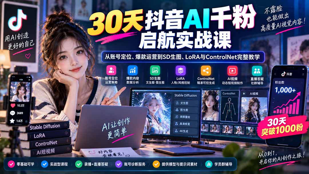 30天抖音AI千粉启航实战课：从账号定位、爆款运营到SD生图、LoRA与ControlNet完整教学-轻创星球网