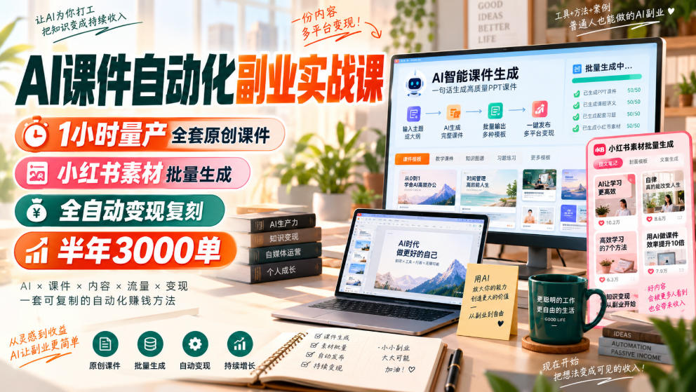 AI课件自动化副业实战课，1小时量产全套原创课件，小红书素材批量生成，全自动变现复刻，半年3000单-轻创星球网