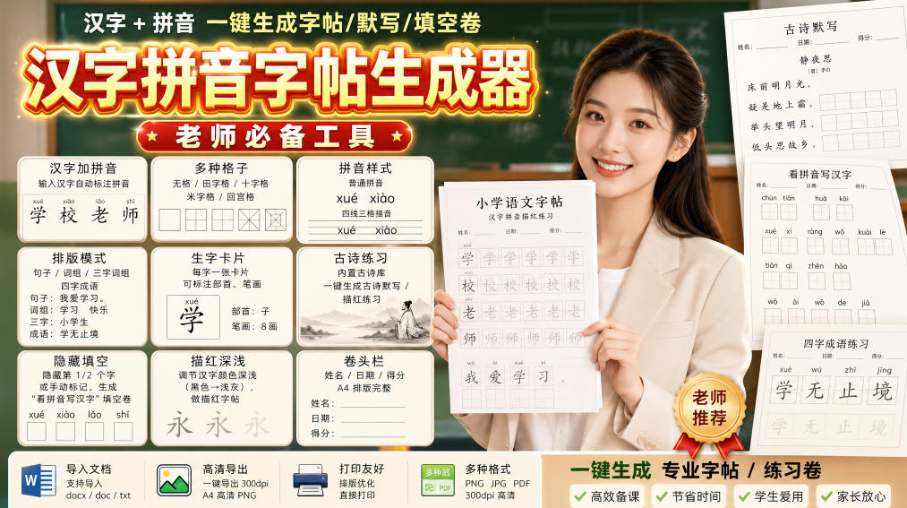 学习神器，汉字拼音字帖生成器，汉字+拼音 一键生成字帖/默写/填空卷，支持词组、成语，老师、家长必备-轻创星球网