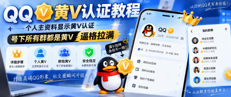 QQ黄V认证教程，个人主资料显示黄V认证，号下所有群都是黄V，逼格拉满-轻创星球网
