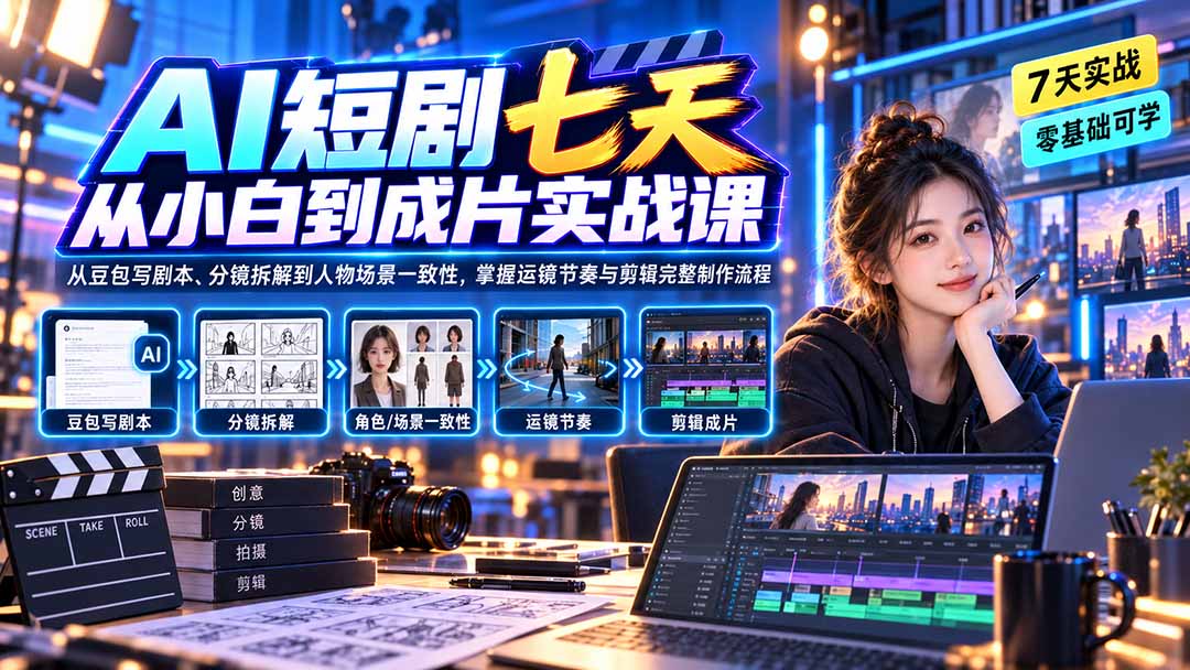 AI短剧七天从小白到成片实战课：从豆包写剧本、分镜拆解到人物场景一致性，掌握运镜节奏与剪辑完整制作流程-轻创星球网