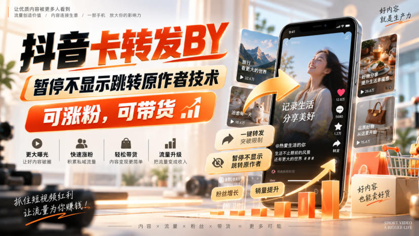 抖音卡转发搬运，暂停不显示跳转原作者技术，可涨粉，可带货-轻创星球网