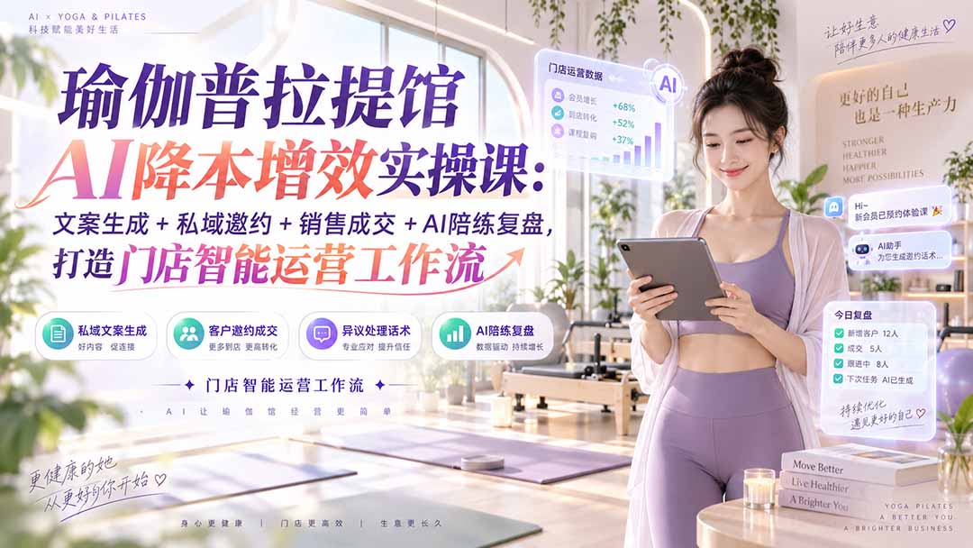 瑜伽普拉提馆AI降本增效实操课：文案生成+私域邀约+销售成交+AI陪练复盘，打造门店智能运营工作流-轻创星球网