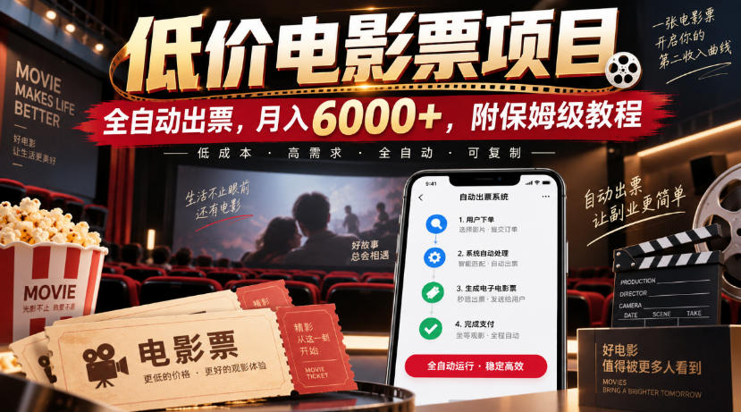 低价电影票项目，全自动出票，月入6000+，附保姆级教程【揭秘】-轻创星球网