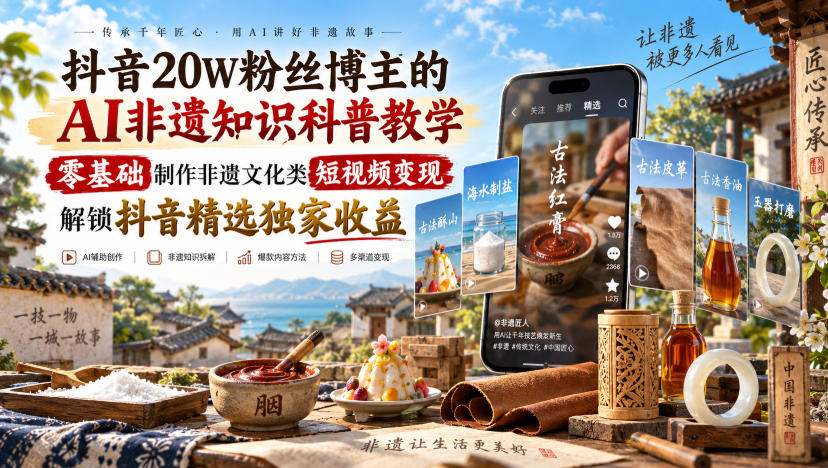 抖音20W粉丝博主的AI非遗知识科普教学，零基础制作非遗文化类短视频变现，解锁抖音精选独家收益-轻创星球网