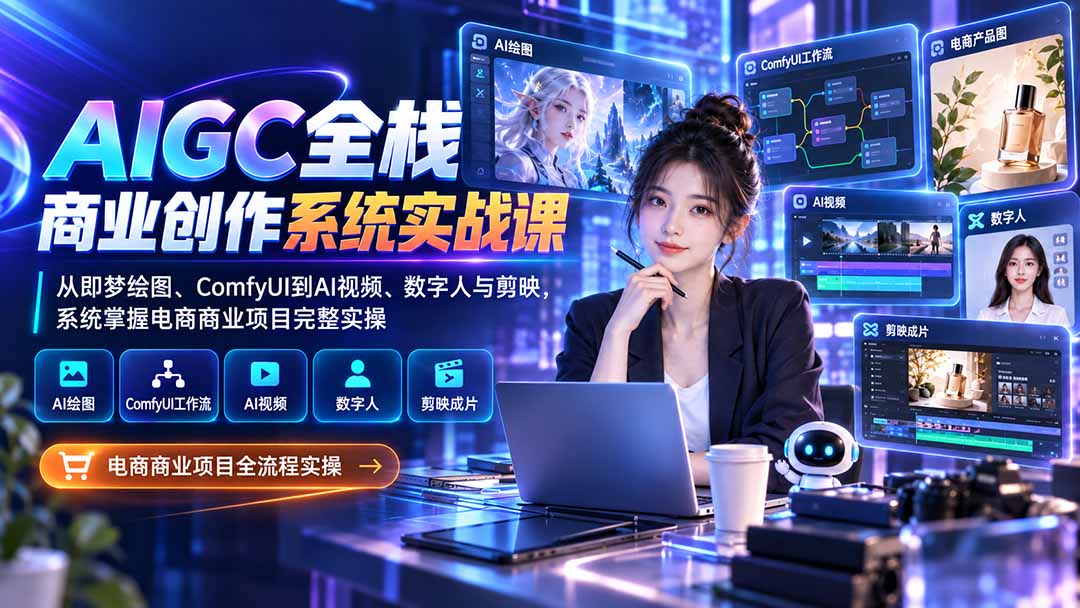 AIGC全栈商业创作系统实战课：从即梦绘图、ComfyUI到AI视频、数字人与剪映，系统掌握电商商业项目完整实操-轻创星球网