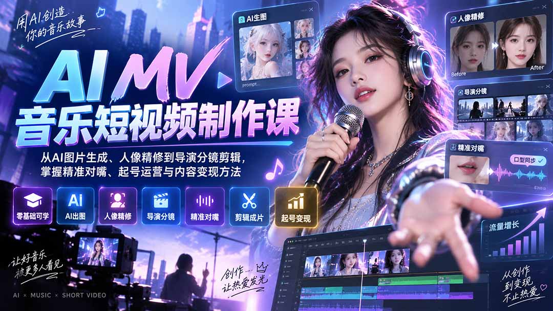 AI MV音乐短视频制作课：从AI图片生成、人像精修到导演分镜剪辑，掌握精准对嘴、起号运营与内容变现方法-轻创星球网